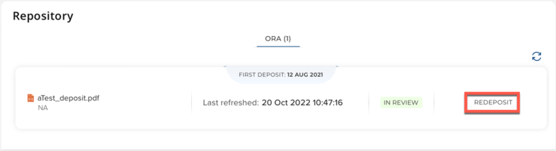 Redeposit link Screenshot of the redeposit link in the repository section of the research outputs details page