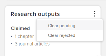 Clear Pending Screenshot showing the research outputs tiles and the 'clear pending' option